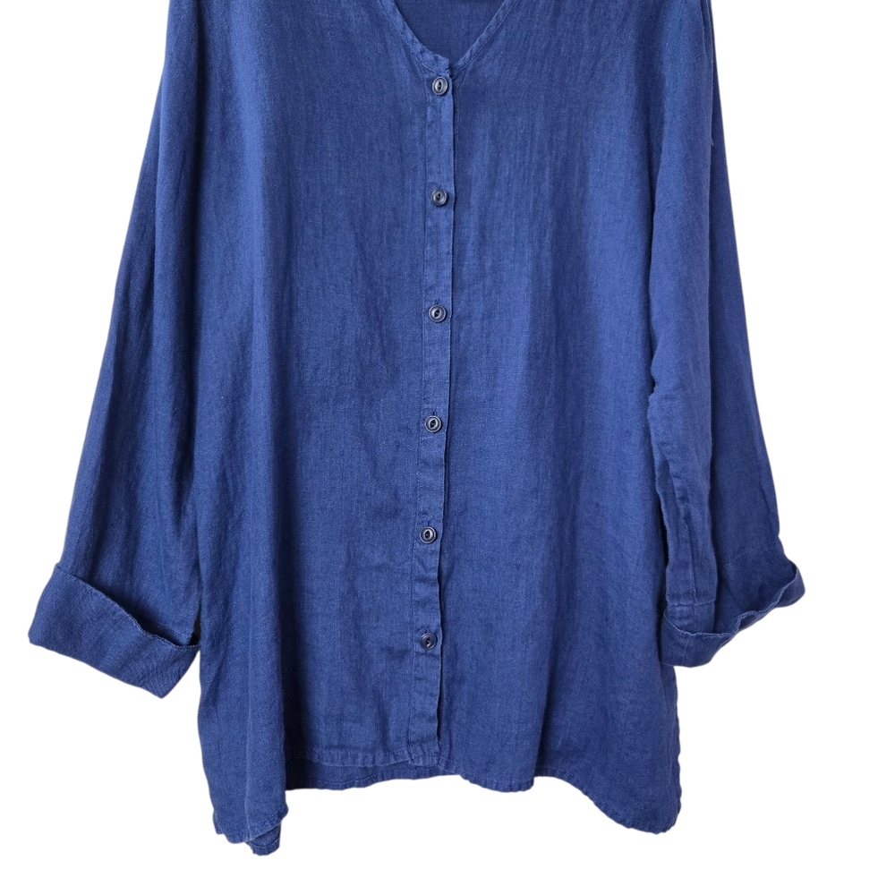 FLAX Medium Blue 100% Linen‎ V-Neck Button-Front Long Oversized Tunic Top - Picture 5 of 16